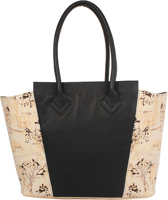 

Skycandle Women Casual Beige, Black Genuine Leather Tote