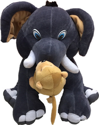 

CREATIVEVILLA CUTE GREY ELEPHANT WITH MONKEY STUFFED PLUSH SOFT TOY - 35 cm(Multicolor)