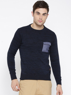 Roadster Self Design Round Neck Casual Men Blue Sweater at flipkart