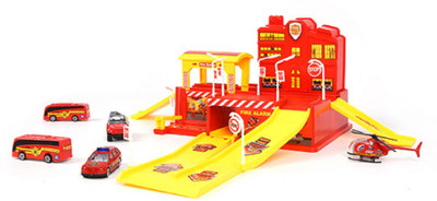 

IndusBay Fire Station FireMan Rescue Team Garage Parking Lot Toy Set with Die Cast Vehicles Helicopter Jeep Bus and accessories(Red)