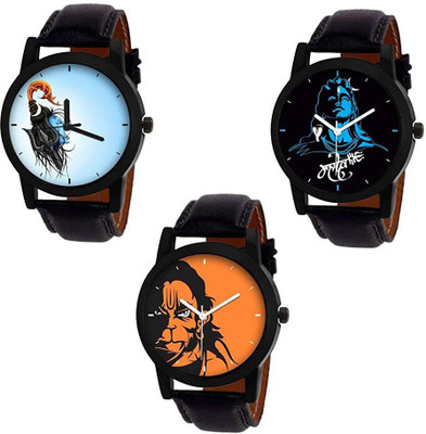 

Swadesi Stuff New Arrival Stylish Black Leather Strap Lord Hanuman & Lord Shiva Mahadev Mahakal Stylish watch combo of 3 watches for Men & Boys 911 Mahadev Series Watch - For Men