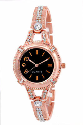 

SPINOZA k01m03 Rose gold round dial crystal studded black dial exclusive watch for women Watch - For Girls