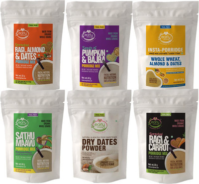 

Early Foods 6 Trial Pack Combo (Trial Packs) - Organic & Fresh Porridge Mixes & Dry Dates Powder - 50g each Cereal(300 g, Pack of 6, 24+ Months)