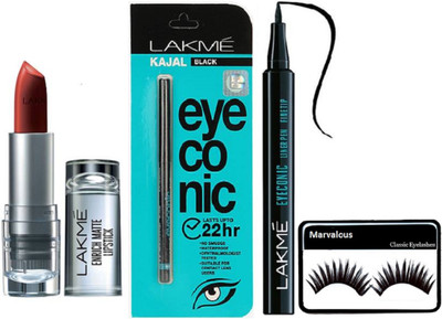 

Marvalous Eyelashes&Eyeconic Kajal&Water Proof Eyeliner Pen& Enrich Lipstick(Set of 4)