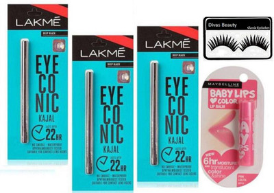

divas beauty Of Eyelashes,Eyeconic Kajal (pack of 3) with Pink Lolita Lip Balm(Set of 5)