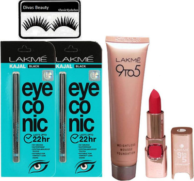 

divas beauty Of Eyelashes, Lakme Eyeconic Deep Black Kajal Set Of 2 With 9 To 5 Weightless Mousse Foundation & Long Lasting Matte Finish Lipstick(Set of 5)