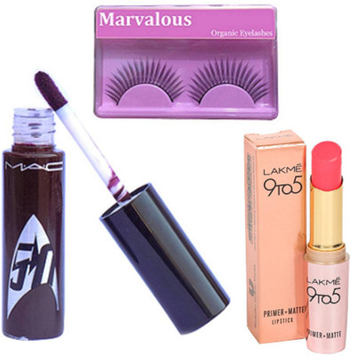

Marvalous Eyelashes and Mac Brown Shade Lip Gloss and Lakme 9to5 Primer + matte Lipstick(Set of 3)