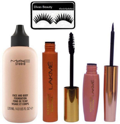 

divas beauty Eyelashes With Mac Studio Face And Body Foundation & 9 To 5 EyeLiner & Mascara(Set of 4)