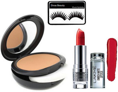 

divas beauty Eyelashes& Enrich Matte Finish Longlasting Lipstick& mac studio fix Compact(Set of 3)