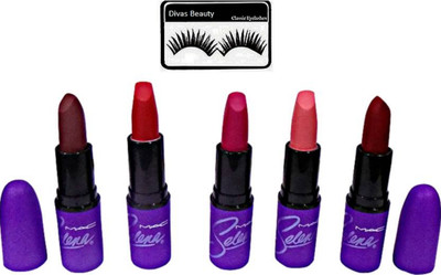 

divas beauty Eyelashes With Mac Selena matte finish lipstick set of 5(Set of 6)