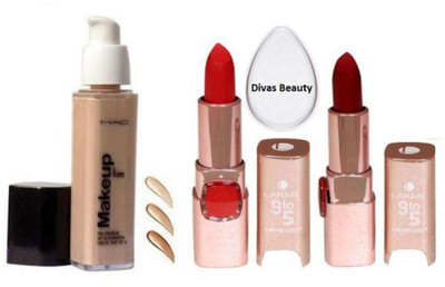

divas beauty silicon Puff With Mac Makeup Foundation, 9 to 5 Lipstick Set 2(Set of 4)