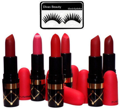 

divas beauty Eyelashes And Mac Lipstick 6in 1 nutcracker combo(Set of 7)