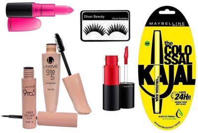 

divas beauty eyelashes & mac candy yum yum lipstick , mac versicolor stain encre lipgloss , colossal kajal ,9 to 5 eyeliner and mascara(Set of 6)