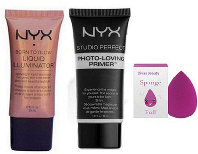 

divas beauty Sponge puff With photo-loving Face Primer,Born to Glow Liquid Illuminator(Set of 3)