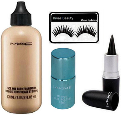 

divas beauty Eyelashes With Face & body Foundation & stick kajal With mirror nail polish(Set of 4)