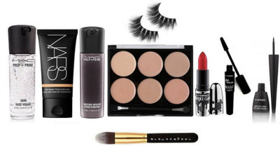 

Pro longwear combo Eyelashes,Mac Brook Candy Red Lipstick,Moisture Infusion Serum Hydratant Face 50 ml,Nars pure Radiant Tinted Moisture's Foundation 70 ml,Prep+Prime Skin Visage Face Primer Gel 35 ml,Makeup 6 Shade Cream Palette Cream Concealer multi 10 