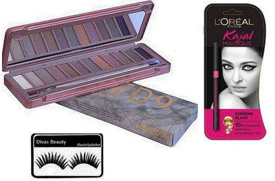 

divas beauty Eyelashes&naked9 Eyeshadow 12 Shades Palette, Paris Magique Kajal(Set of 3)