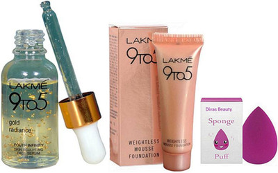

divas beauty Sponge puff & 9 to 5 Gold radiance skin face serum & 9 to 5 weightless mousse foundation(Set of 3)