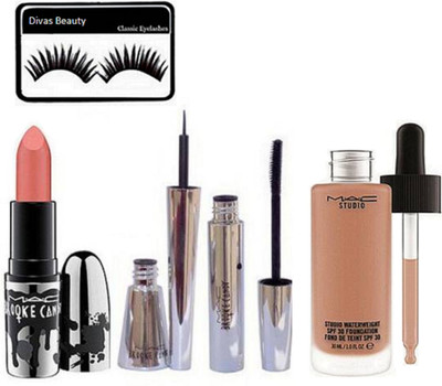 

divas beauty eyelashes & matte Finish Lipstick &Liquid Eyeliner & Waterproof Mascara & waterweight liquid foundation(Set of 5)