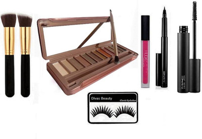

divas beauty Eyelashes & Naked 9 Eyeshadow Palette 12 shades With pen Eyeliner And mascara of beauty lip gloss & makeup Brush(Set of 6)