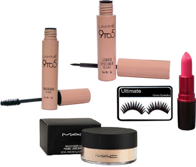 

Ultimate Eyelashes, Lakme 9to5 Waterproof Eyeliner & Mascara, Long Lasting Matte Finish Lipstick & Loose Powder(Set of 5)