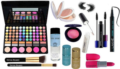 

divas beauty Makeup Palette +Two Makeup brush, Eyelashes, Mac Lightful Two Way Mirror Compact With Pink Shade Blusher & Mac Glitter Off White Eyeliner, Long Lasting Matte Finish Lipstick & Haute & Naughty Two in One Mascara & Deep Black Pen Eyeliner & Bob