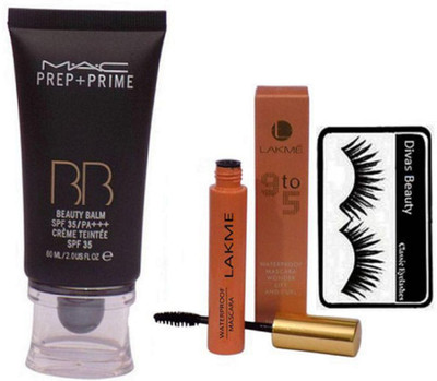 

divas beauty Eyelashes And Mac Prep+Prime BB BEauty Balm Cream Foundation &9 to 5 Waterproof Mascara wonder lift(Set of 3)