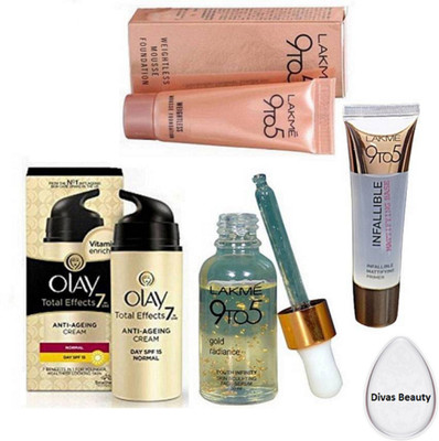 

divas beauty Silicon Puff& Mac Waterweight Foundation & 9To5 Gold Radiance Face Serum, Primer,Olay total effect 7 in one Anti-Ageing Cream Moisturizer(Set of 5)