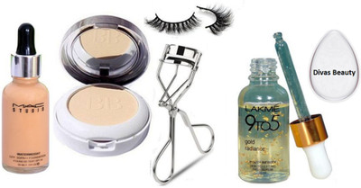 

divas beauty silicon puff&Mac Studio Waterweight Foundation,Colorbar BB Powder Plus Compact ,EyeLashes & EyeCurler With 9 TO 5Serum(Set of 6)