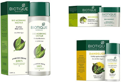 

BIOTIQUE BIO Bio Morning Nectar Flawless Skin Lotion For All Skin Types, Bio Coconut Cream, Bio Dandelion Ageless Lightening Serum(Set of 3)