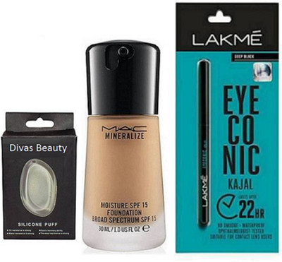 

divas beauty Silicon Puff and Mac Miniralize Moisture SPF 15 Foundation & Eyeconic Deep Black Kajal(Set of 3)