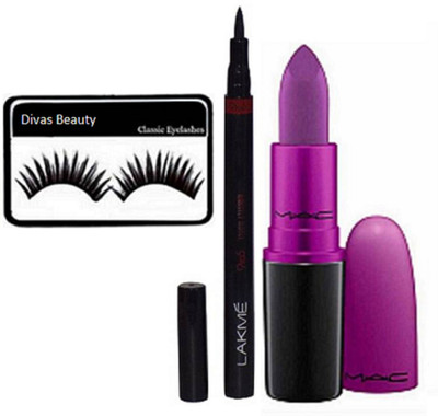 

divas beauty Eyelashes& matte finish Heroin Lipstick&Lakme 9to5 Pen Eyeliner(Set of 3)