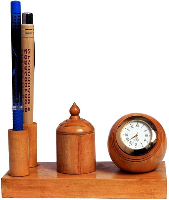 

Sunvi 1 Compartments Wooden Wooden Base 2 Pen Holder + Pin Box + Clock(Brown)