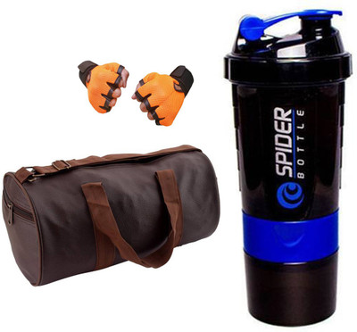 

Snipper Combo Of Leatherite Brown Gym Bag with Side Pocket , Orange Gloves and Purple Spider Shaker Gym & Fitness Kit