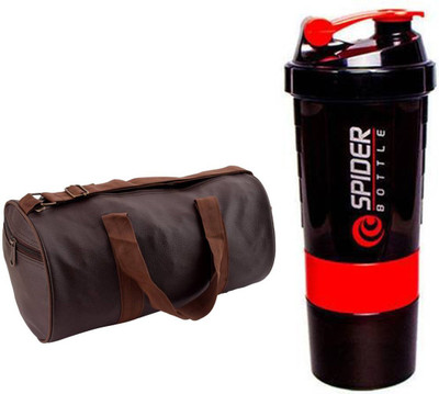 

Snipper Combo Of Leatherite Brown Gym Bag with Side Pocket And Spider Shaker Red Gym & Fitness Kit