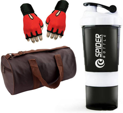 

Snipper Combo Of Leatherite Brown Gym Bag , Red Gloves and White Spider Shaker Gym & Fitness Kit