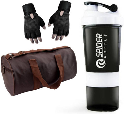 

Snipper Combo Of Leatherite Brown Gym Bag , Black Gloves and White Spider Shaker Gym & Fitness Kit