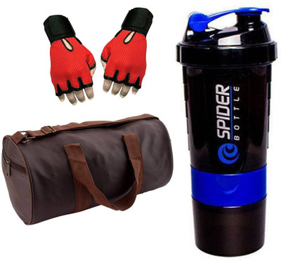 

Snipper Combo Of Leatherite Brown Gym Bag , Red Gloves and Purple Spider Shaker Gym & Fitness Kit