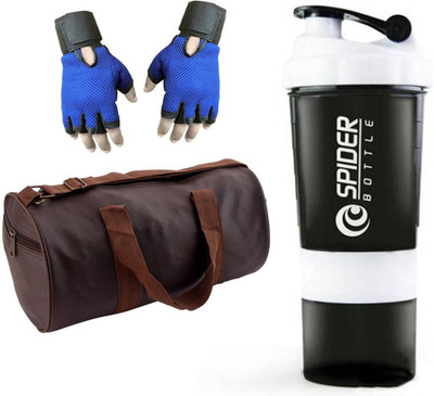 

Snipper Combo Of Leatherite Brown Gym Bag , Blue Gloves and White Spider Shaker Gym & Fitness Kit