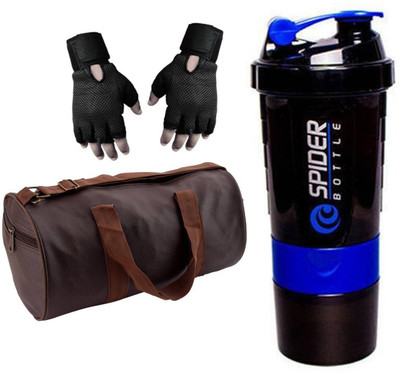 

Snipper Combo Of Leatherite Brown Gym Bag , Black Gloves and Purple Spider Shaker Gym & Fitness Kit