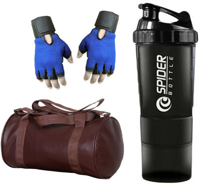 

Snipper Combo Of Leathrite Brown Gym Bag,Blue Gloves and Black Spider Shaker Gym & Fitness Kit