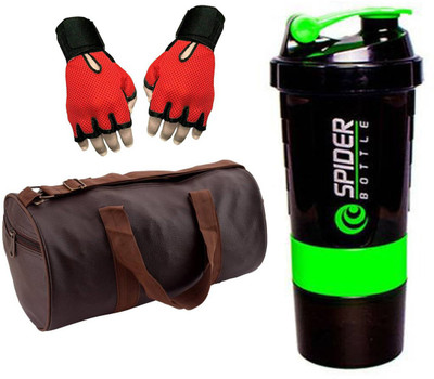 

Snipper Combo Of Leatherite Brown Gym Bag , Red Gloves and Green Spider Shaker Gym & Fitness Kit