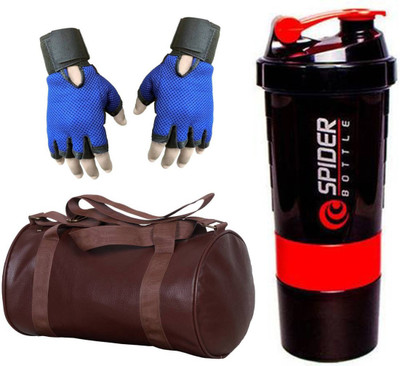 

Snipper Combo Of Leatherite Brown Gym Bag ,Blue Gloves and Red Spider Shaker Gym & Fitness Kit