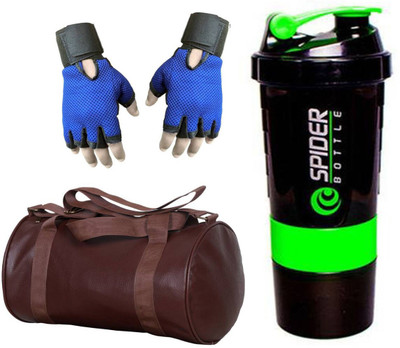 

Snipper Combo Of Leatherite Brown Gym Bag , Blue Gloves and Green Spider Shaker Gym & Fitness Kit