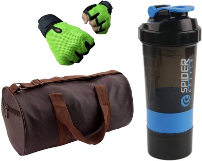 

Snipper Combo Of Leatherite Brown Gym Bag with Side Pocket , Green Gloves and Blue Spider Shaker Gym & Fitness Kit