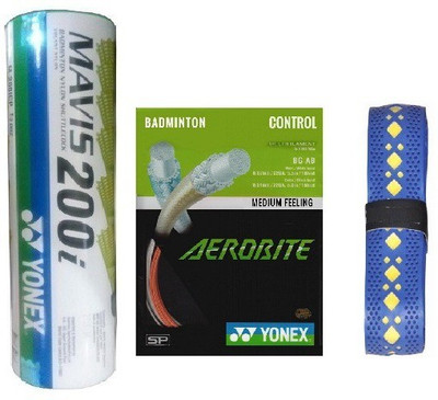 

Yonex Combo of Three One 'Mavis 200i' Nylon Shuttle cock (Pack of 6)+ One 'Aerobite' Badminton String + One 'Diamond' Badminton grip (Color On Availability)- Badminton Kit
