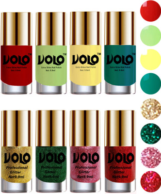 

Volo Long Lasting Glitter and HD Shine Nail Polish Combo Sets Golden Glitter, Dark Green Glitter, Pink Glitter, Red Glitter, Reddish Orange, Parrot Green, Yellow, Radium Green(Pack of 8)