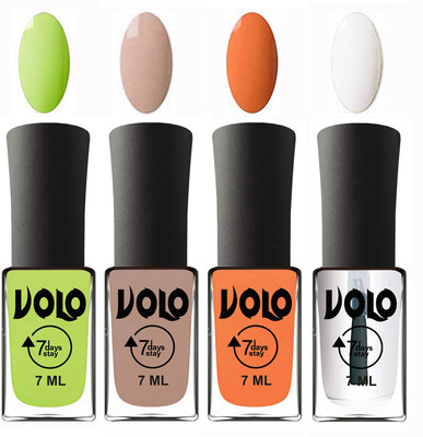 

Volo Ultra Lasting HD Shine Awesome Nail Polish Combo Parrot Green, Light Nude, Peach, Top Coat(Pack of 4)