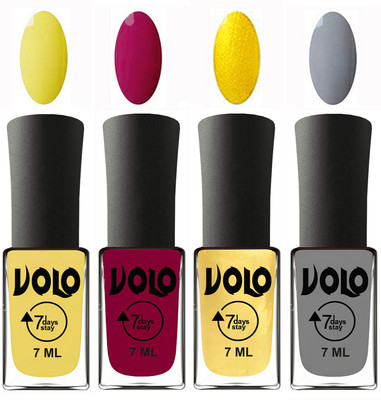 

Volo Ultra Lasting HD Shine Awesome Nail Polish Combo Yellow, Magnta, Metallic Light Golden, Light Grey(Pack of 4)