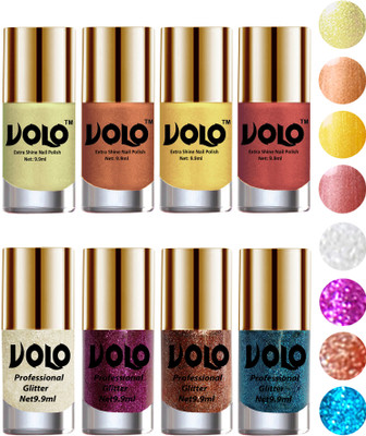 

Volo Long Lasting Glitter and HD Shine Nail Polish Combo Sets White Nail art And Glitter, Purple Glitter, Peach Glitter, Sky Blue Glitter, Chrome Olive Green, Bronze Magnetic, Gold Chrome, Hot Lava(Pack of 8)